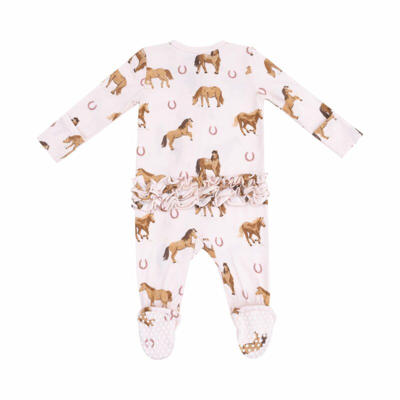 Western Horses Pink Bamboo Viscose Ruffle Zipper Footie from Angel Dear Western Horses Pink Bamboo Viscose Ruffle Zipper Footie from Angel Dear