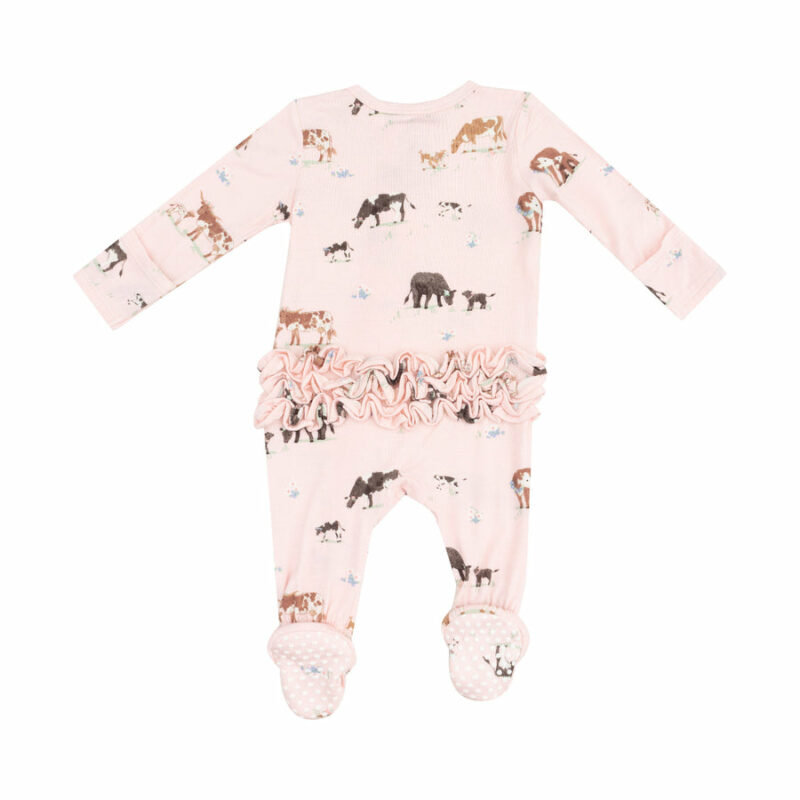 Cow Families Pink Bamboo Viscose Ruffle Zipper Footie from Angel Dear Cow Families Pink Bamboo Viscose Ruffle Zipper Footie from Angel Dear