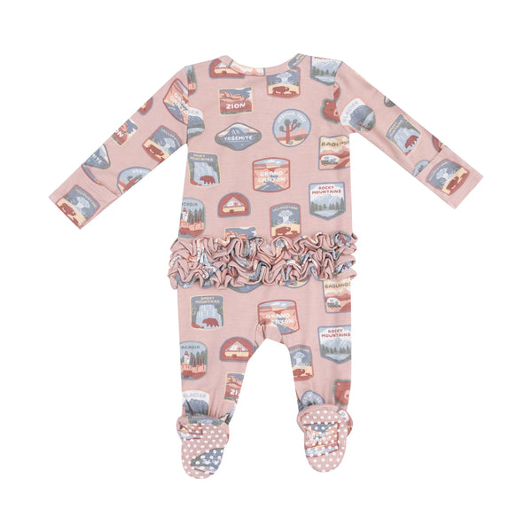 National Parks Patches Pink Bamboo Viscose Ruffle Zipper Footie from Angel Dear National Parks Patches Pink Bamboo Viscose Ruffle Zipper Footie from Angel Dear