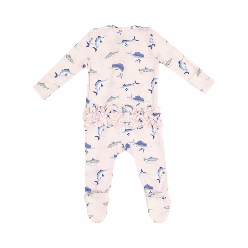Deep Sea Fishing Pink Bamboo Viscose Ruffle Zipper Footie from Angel Dear Deep Sea Fishing Pink Bamboo Viscose Ruffle Zipper Footie from Angel Dear
