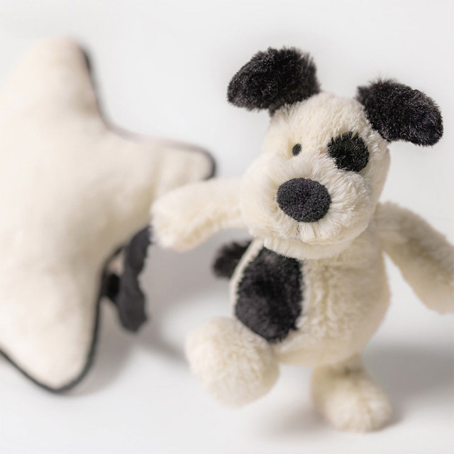 Bashful Black & Cream Puppy Musical Pull from Jellycat Bashful Black & Cream Puppy Musical Pull from Jellycat