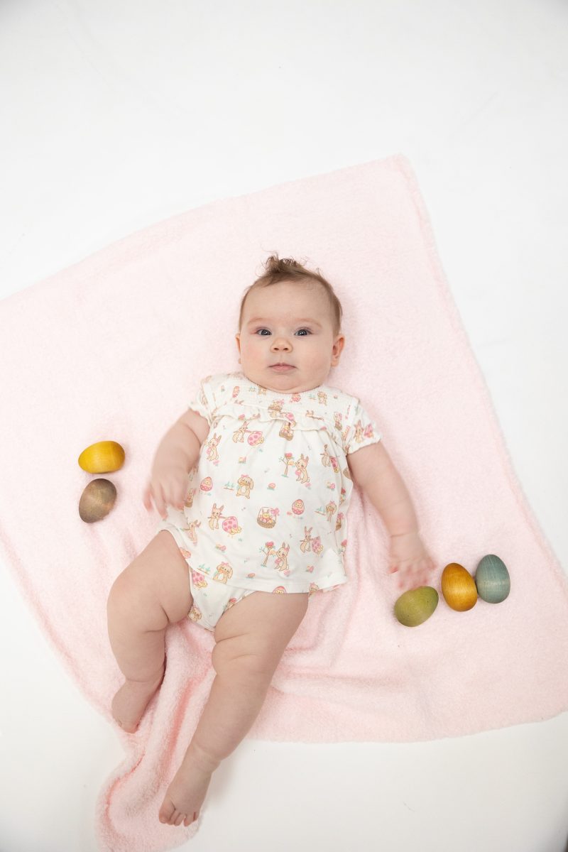 Easter Egg Hunt In Pink Bamboo Viscose Smocked Ruffle Skirted Bubble from Angel Dear
