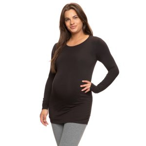 Felina Cotton Modal Maternity Side Shirred Longsleeve Crewneck Shirt Black