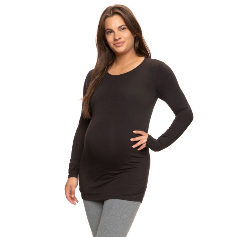 Felina Cotton Modal Maternity Side Shirred Longsleeve Crewneck Shirt Black