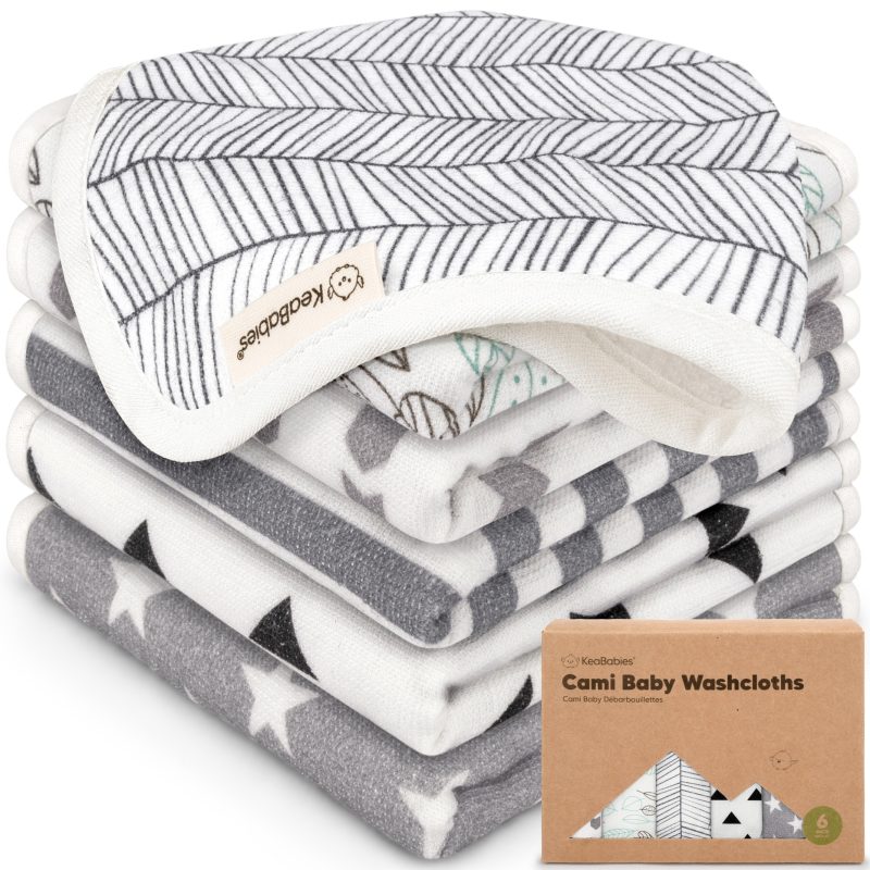 KeaBabies Greyscape Organic Cami Baby Washcloths 6-Pack