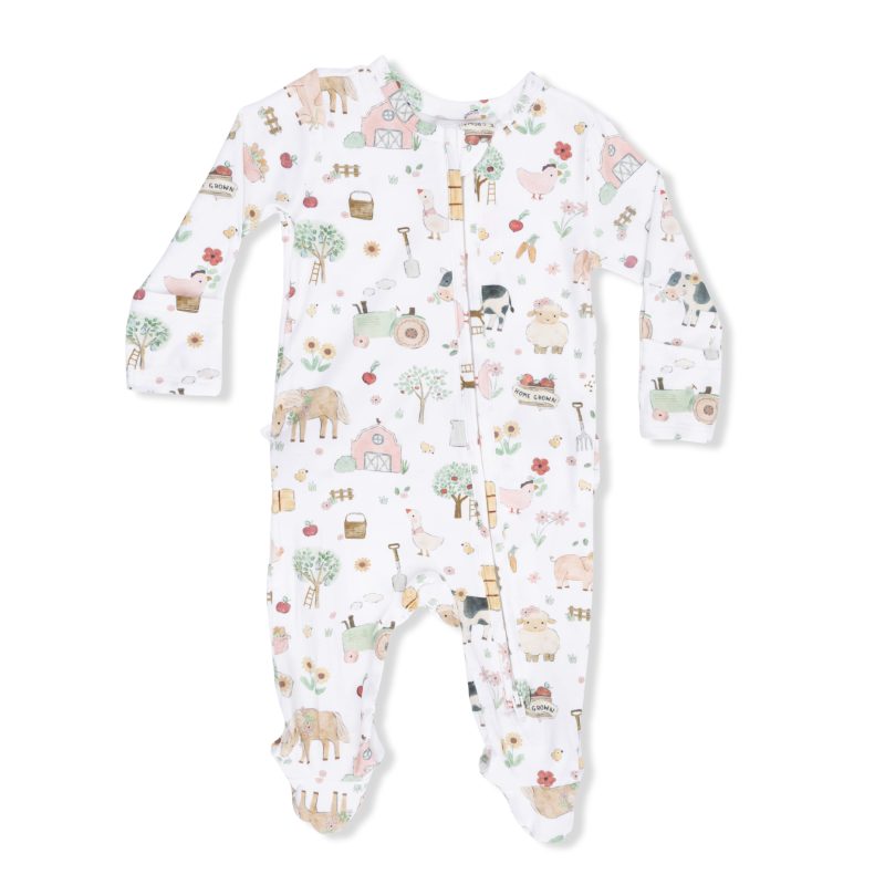 Cute Farm Animals In Pink Bamboo Viscose 2 Way Ruffle Back Zipper Footie from Angel Dear