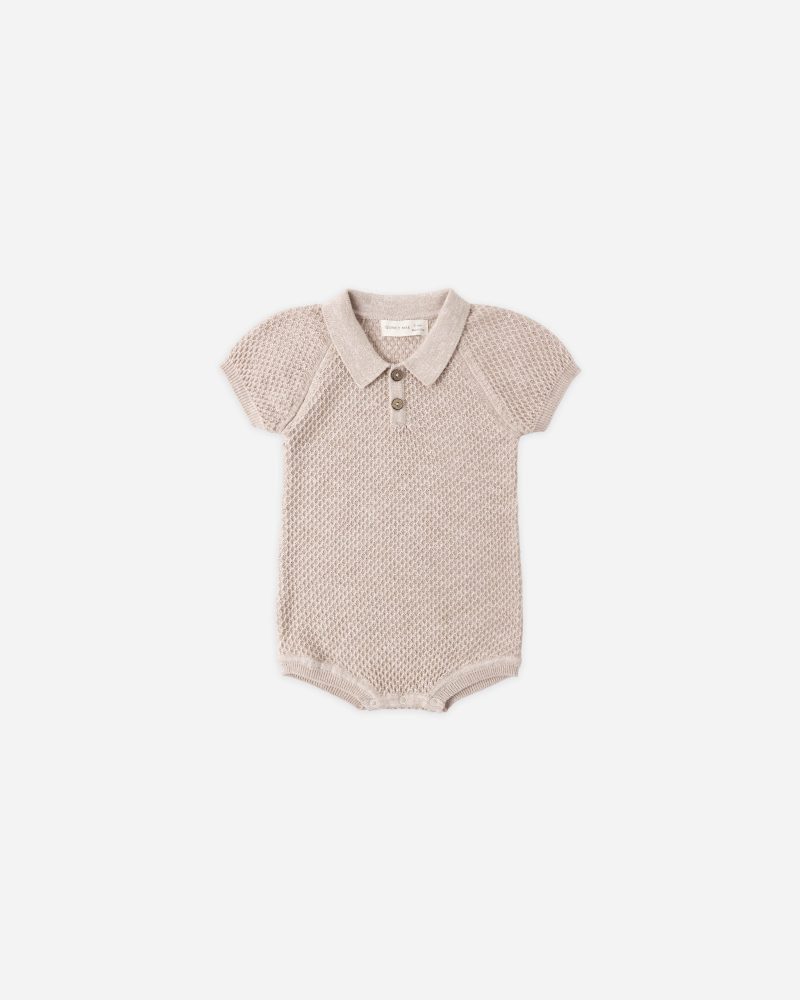 Quincy Mae Knit Polo Romper In Heathered Latte