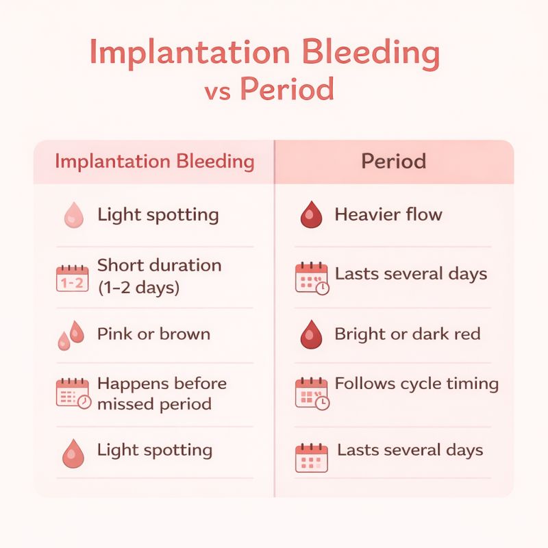 implantation bleeding vs period comparison showing light spotting short duration pink or brown color versus heavier flow lasting several days with bright or dark red blood