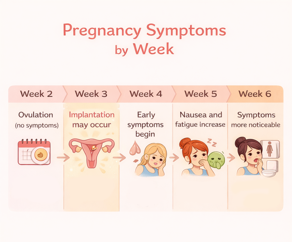 pregnancy symptoms by week infographic showing week 2 ovulation week 3 implantation week 4 early symptoms week 5 nausea and fatigue week 6 more noticeable symptoms