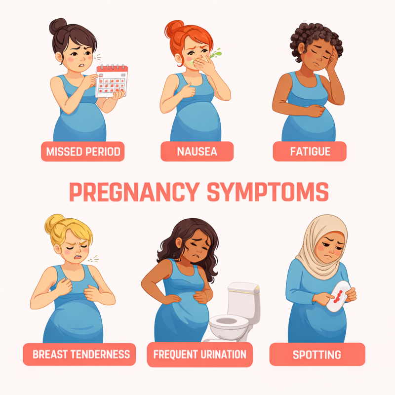 early pregnancy symptoms including missed period, nausea, fatigue, breast tenderness, frequent urination, and spotting