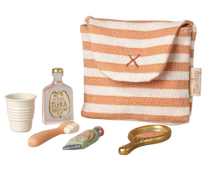 Maileg Toothbrush Set in bag for Mouse - Coral stripe