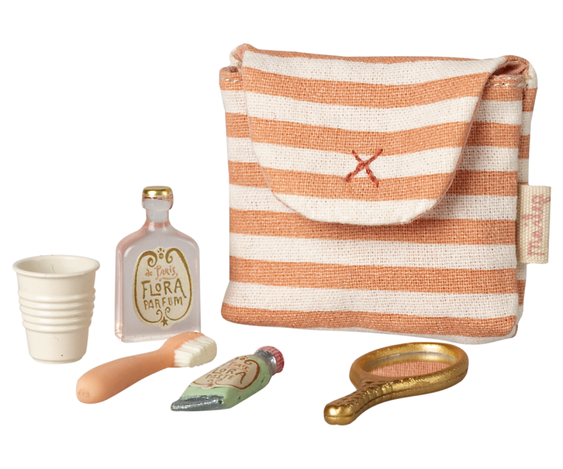 Maileg Toothbrush Set in bag for Mouse - Coral stripe