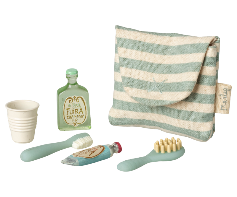 Maileg Toothbrush Set in Bag for Mouse - Blue stripe