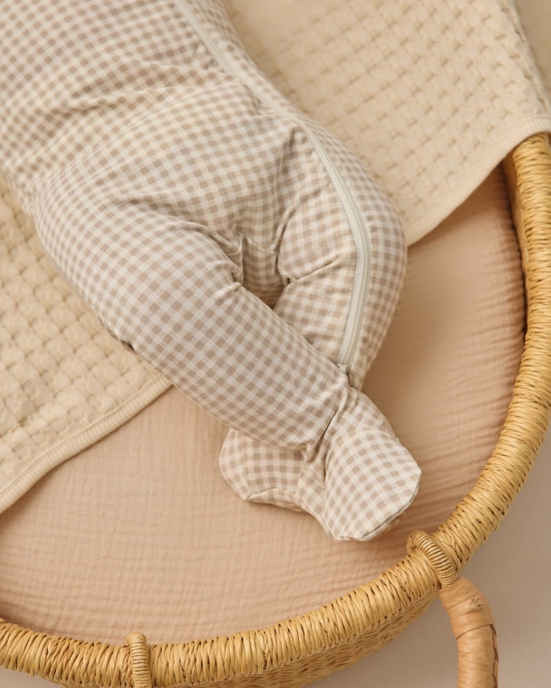 Bamboo Zip Footie in Oat Gingham from Quincy Mae