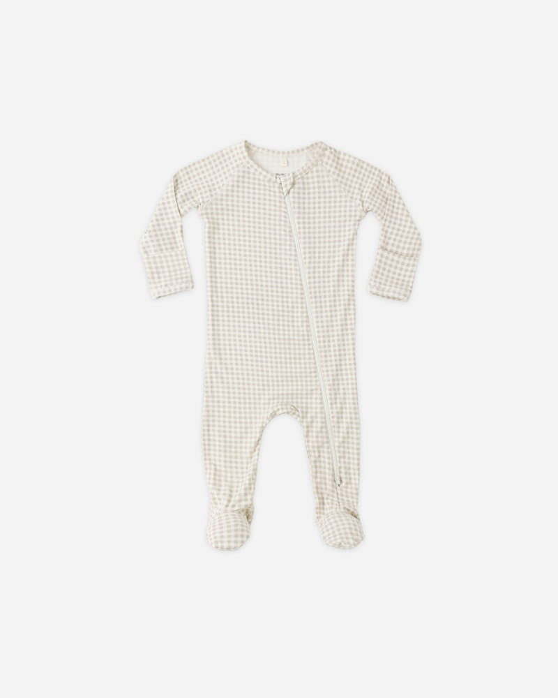 Quincy Mae Bamboo Zip Footie in Oat Gingham