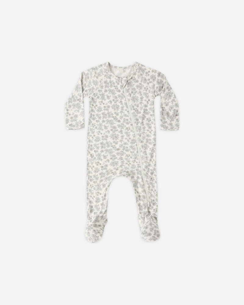 Bamboo Zip Footie in Blue Floral Bamboo Zip Footie in Blue Floral
