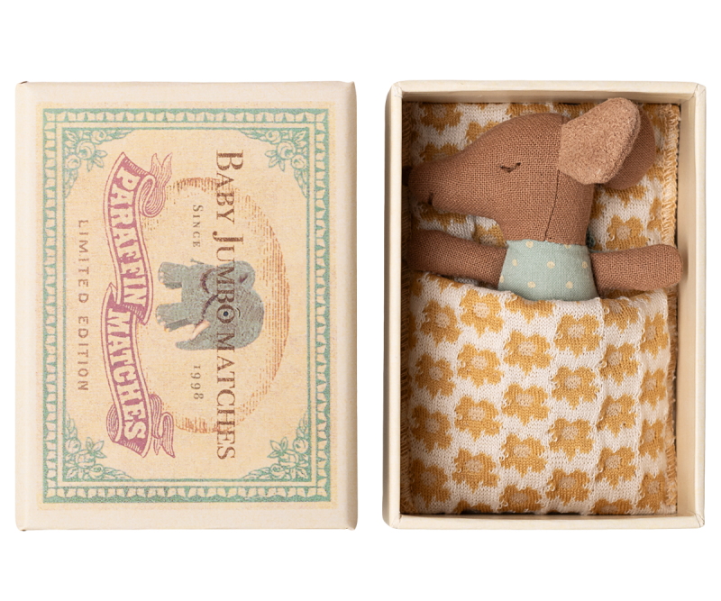 Maileg Sleepy Wakey Baby Mouse in Matchbox Blue Maileg Sleepy Wakey Baby Mouse in Matchbox Blue
