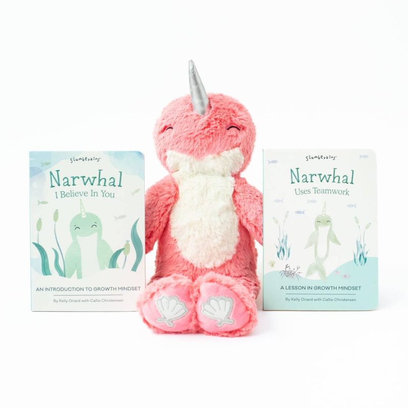 Slumberkins Coral Pink Narwhal Growth Mindset Kin Set with 2 Books