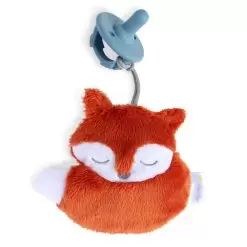 Silicone pacifier with a fuzzy fox friend similar to a wubbanub