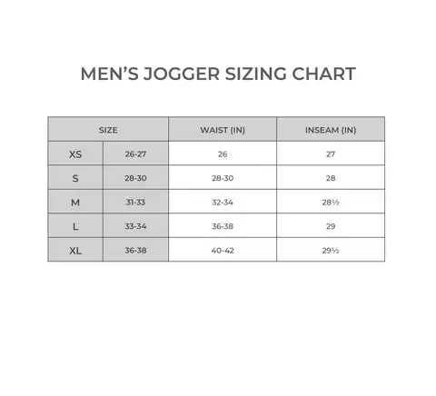 Kyte BABY Men's Joggers Size Chart