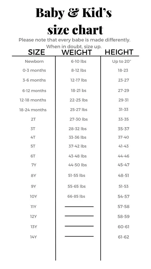 Birdie Bean Size Chart for Children