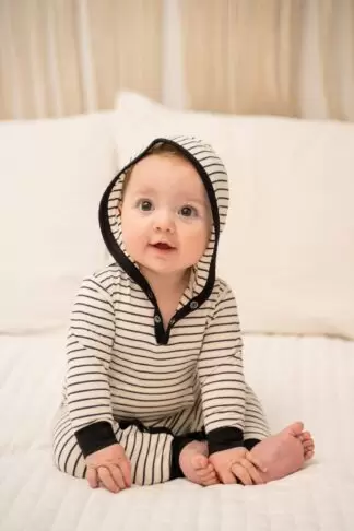Sweet Bamboo Yacht Stripe White Bamboo Hooded Pocket Romper