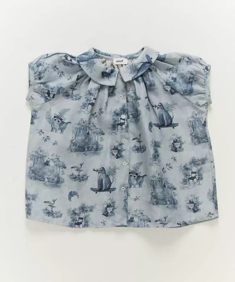 Oeuf Short Sleeve Blouse in Toile De Jouy