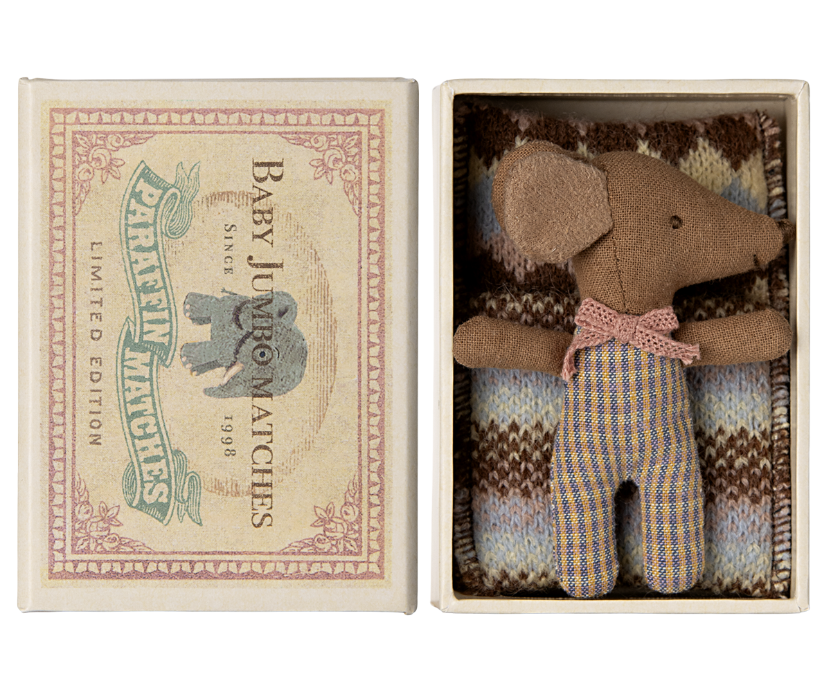 Maileg Sleepy Wakey Baby Mouse in Matchbox in Rose