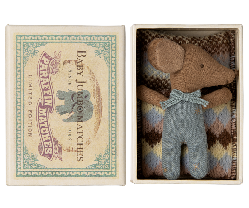 Maileg Sleepy Wakey Baby Mouse in Matchbox in Blue
