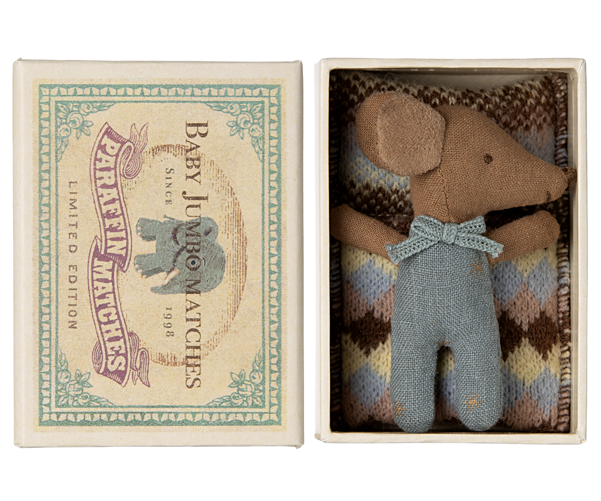 Maileg Sleepy Wakey Baby Mouse in Matchbox in Blue