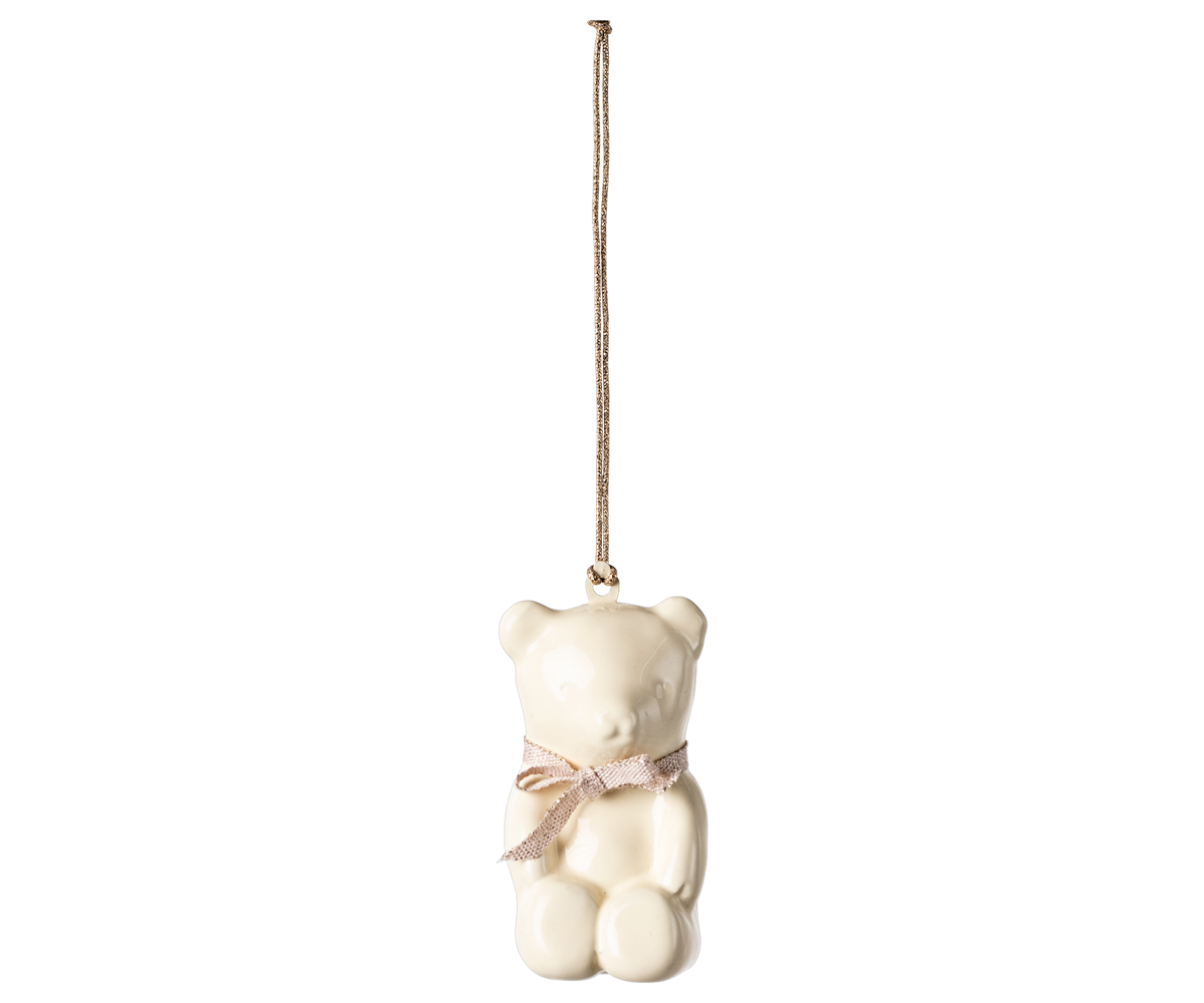 Maileg Off White Teddy Bear With Rose Ribbon Metal Ornament