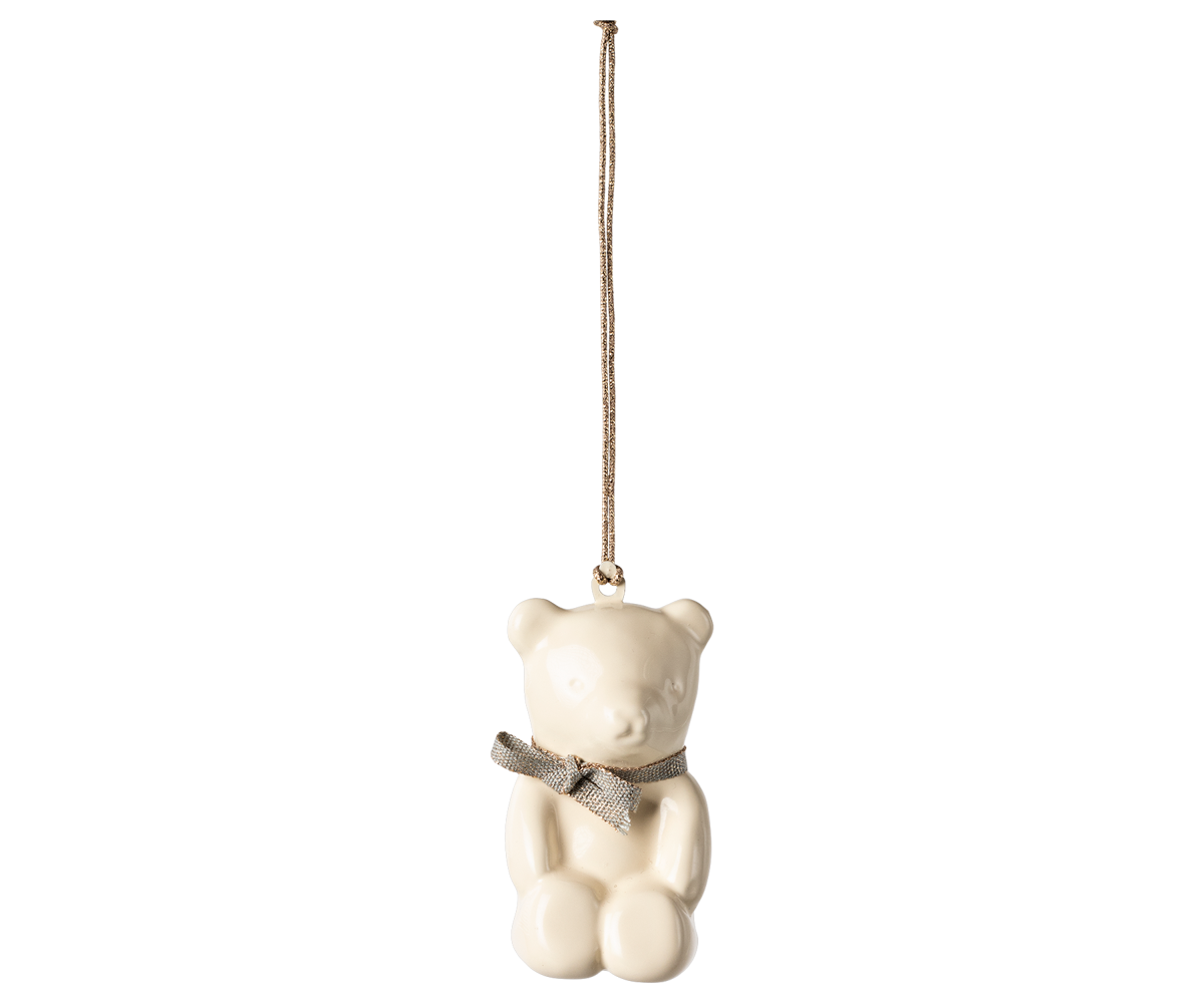 Maileg Off White Teddy Bear With Blue Ribbon Metal Ornament