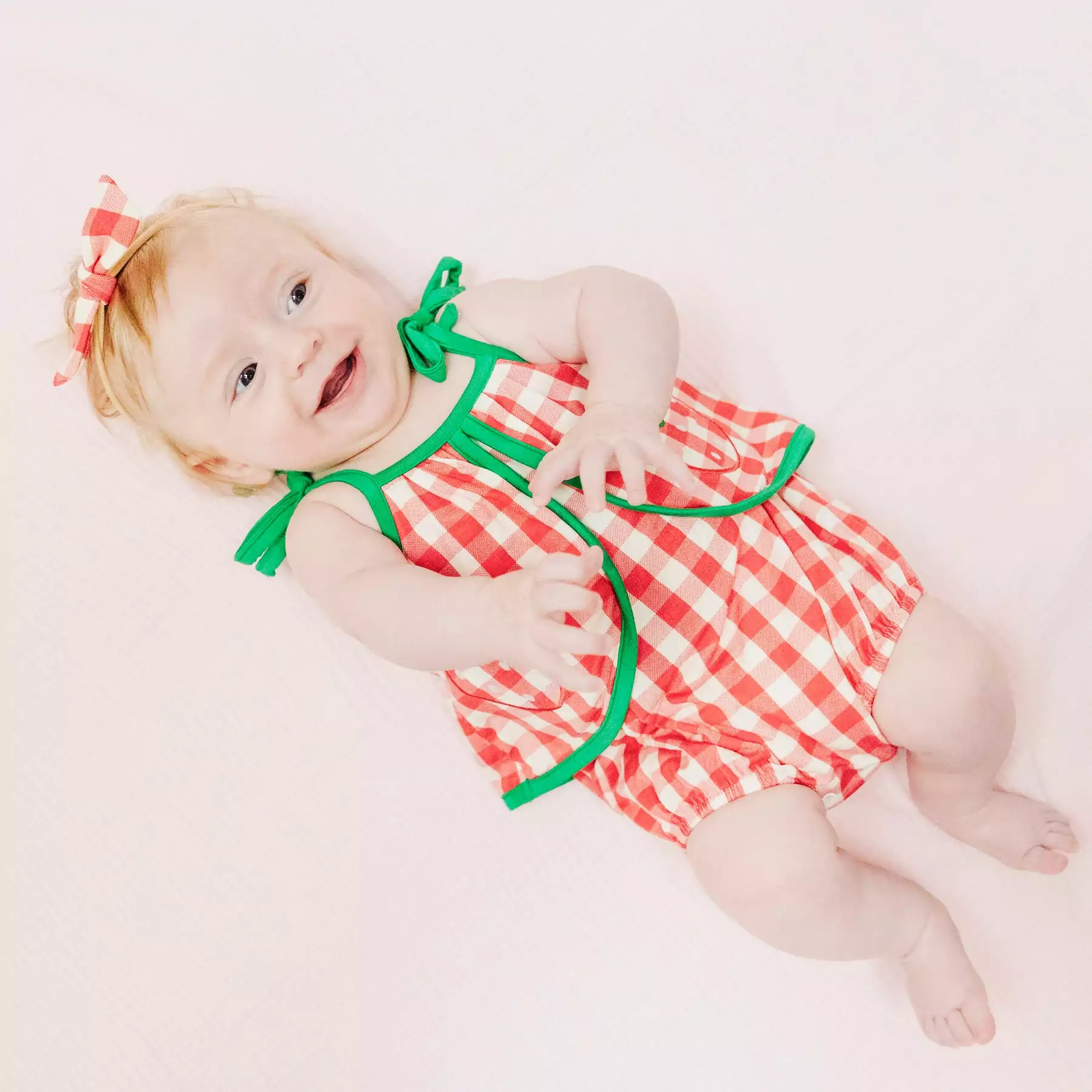 Angel Dear Strawberry Gingham Bamboo Viscose Swing Front Sunsuit With Applique