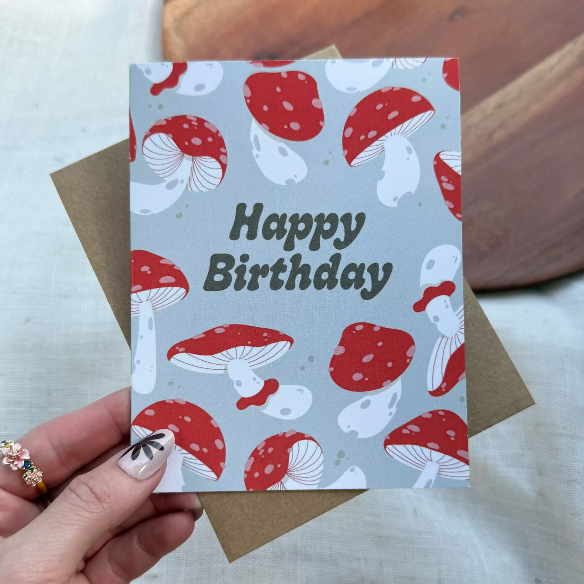 Big Moods Happy Birthday Mushroom Pattern Greeting Card