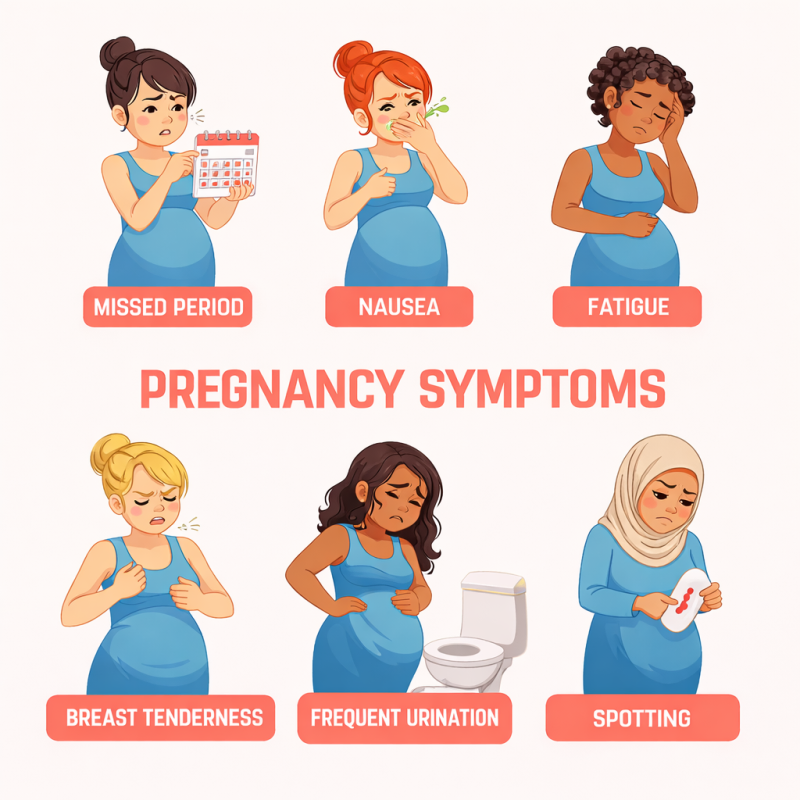 early signs of pregnancy including nausea, fatigue, breast tenderness, spotting, frequent urination, and missed period