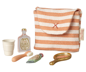 Maileg Toothbrush Set in bag for Mouse - Coral stripe